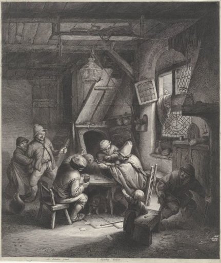 Quarrelling peasants around a table