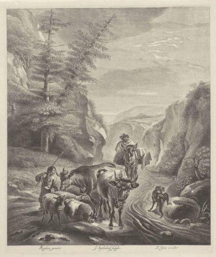 Shepherds with cattle on a mountain path
