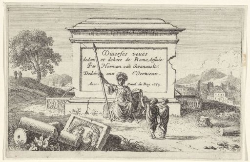 Minerva seated before a pedestal