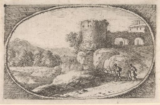 Family walking by a round tower