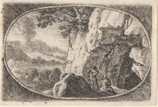 Two figures before a cave