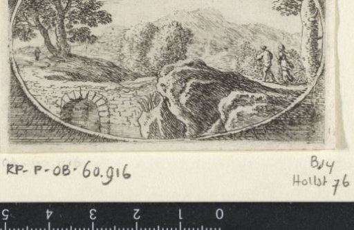 Two figures by a stone bridge