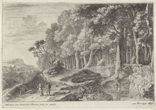 Walkers by a brook