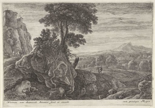 Landscape with a building on a rock