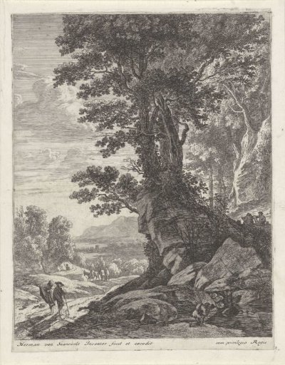 Landscape with a group of trees and walkers