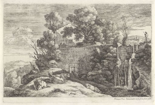 Landscape with cows and a spinning woman