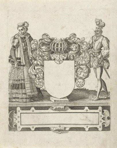 Empty shield with man and woman as supporters