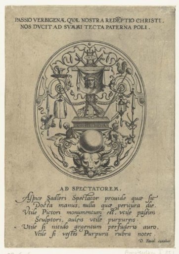 Oval with instruments of the Passion and grotesques