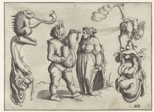 Female and male monster with a jug and cup