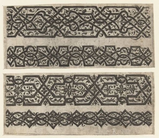 Two Narrow and Two Broad Friezes with Black Moresques on a White Background
