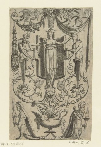 Grotesque flat decoration with a woman in the center