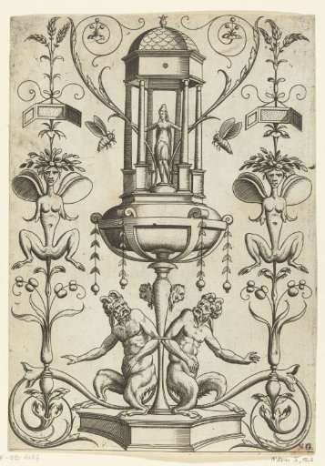 Two satyrs, each with one arm bound to the stem of a goblet