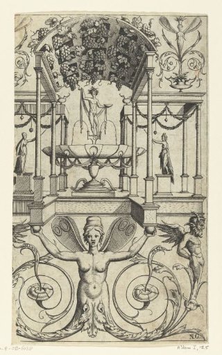 Winged woman with a lower body of leafy tendrils carrying a pavilion
