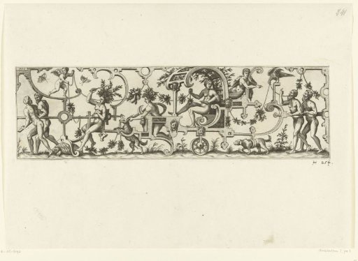 Chariot with a woman, drawn by two men, a tortoise, and a dog