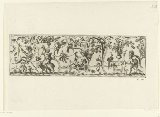 Chariot with a woman, pushed by a man and drawn by a man riding on the back of a bear