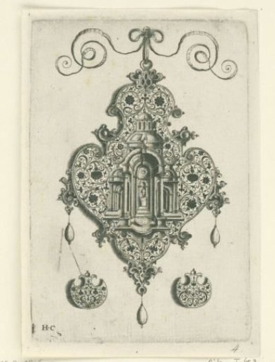 Front of a pendant: cross-section of a church with a dome