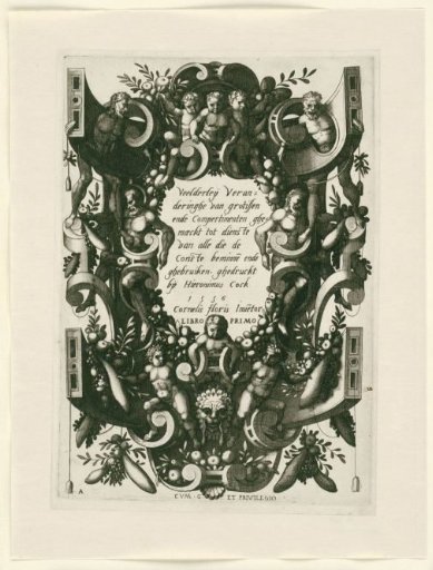 Cartouche in a Scrollwork Frame with Children, Fruit Garlands, and Four Men. Title Page of a Series of Flat Decorations.