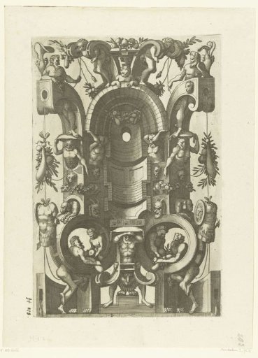 Empty niche in a strapwork frame, carried on the head by an atlas