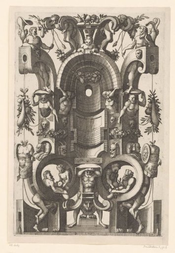 Empty niche in a frame of scrollwork, carried on the head by an atlas figure
