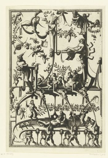 Strapwork design carried by three satyrs on all fours