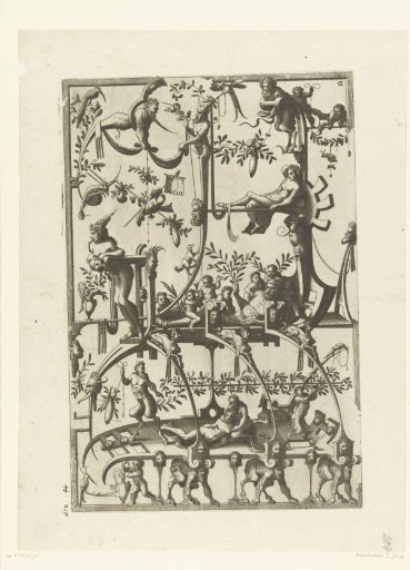 Strapwork design carried by three satyrs on all fours
