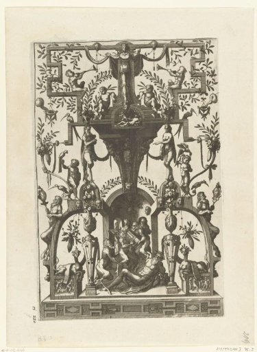 For a niche with side arches, Bacchus lies surrounded by satyrs