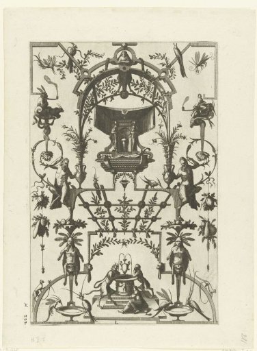 Woman and two satyrs at a fountain under a pergola