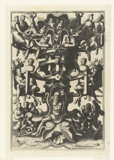 Flat decoration: frame of scrollwork and shell-shaped construction