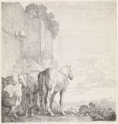 Two Horses with Goats and a Cow by a High (City) Wall