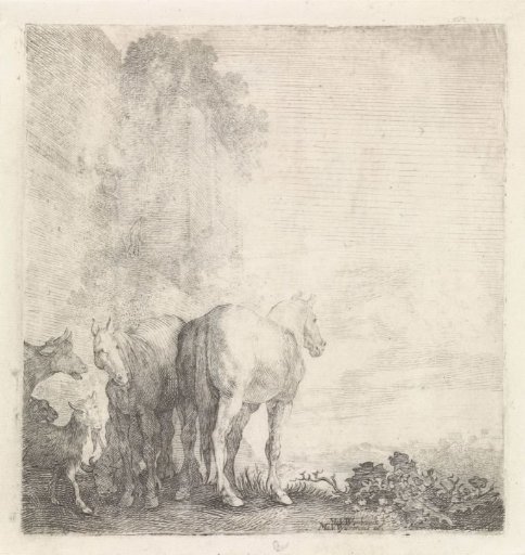 Two Horses with Goats and a Cow by a High (City) Wall