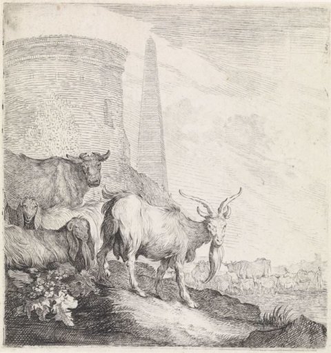 Goats and Cows by a Round Tower with an Obelisk
