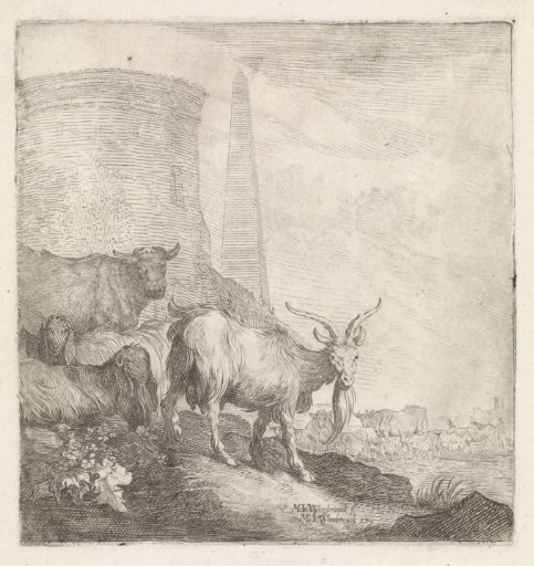 Goats and Cows by a Round Tower with an Obelisk