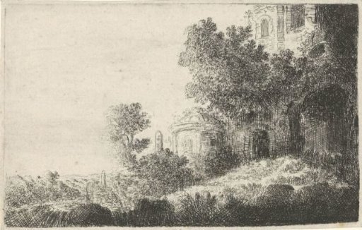 Landscape with buildings among trees on the right