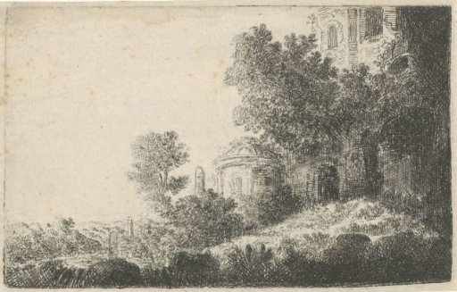 Landscape with buildings among trees on the right