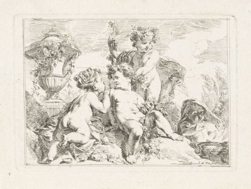 Four nude child figures by a garden vase (Winter)