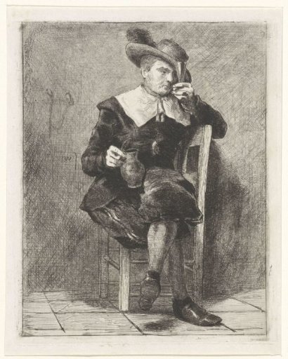 Man with jug and glass on a chair