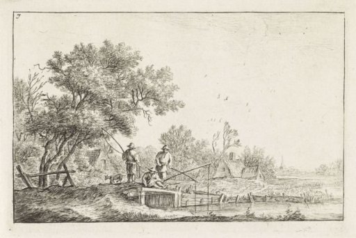 Three fishermen on a bridge