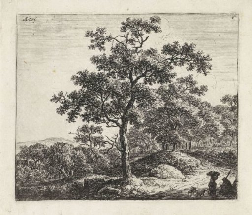 Resting Figures with Two Dogs along a Forest Path