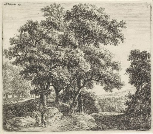 Two figures with a dog on a forest path