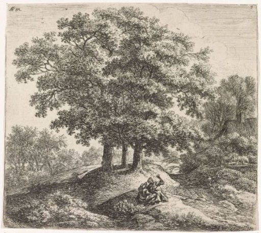 Two figures on a hill near a house