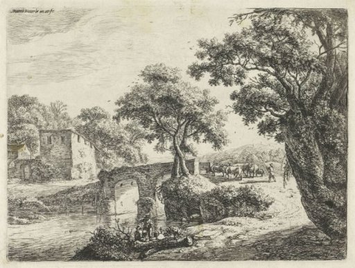 Herd near a stone bridge