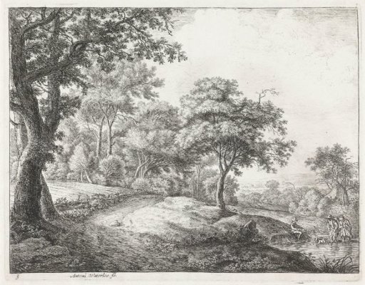 Two figures wading through a stream