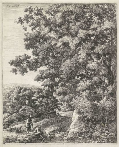 Two figures and a dog by a stream