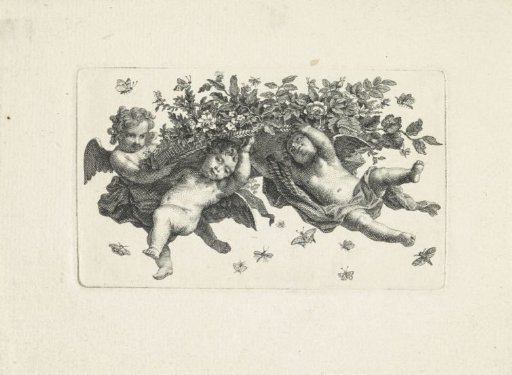 Three putti with a flower basket and butterflies
