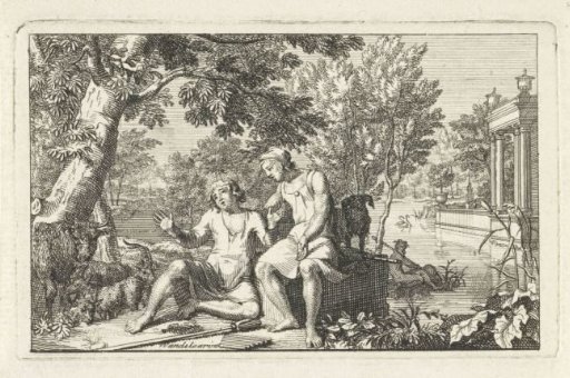 Two shepherds by a body of water