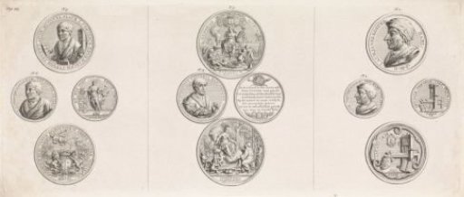 Untrimmed sheet with the obverse and reverse of six medals struck in honor of Laurens Jansz. Coster