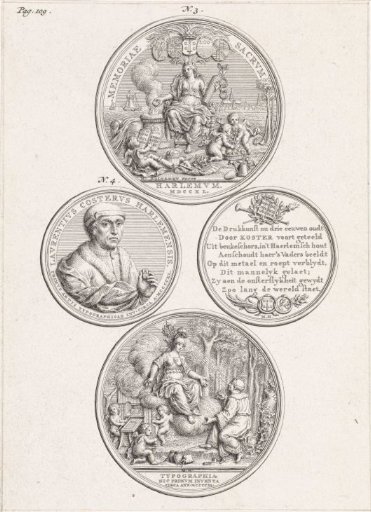 Sheet with the obverse and reverse of two medals struck in honor of Laurens Jansz. Coster