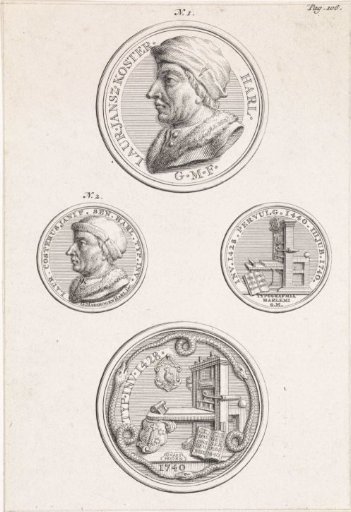 Sheet with the obverse and reverse of two medals struck in honor of Laurens Jansz. Coster