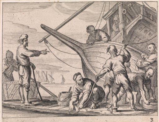 Muslim galley slaves preparing a galley for dry dock