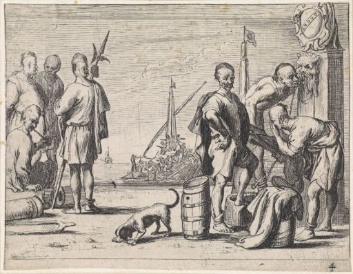 Muslim galley slaves at a fountain